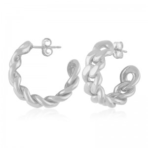 Sterling Silver Medium Miami Cuban Link Hoop Earrings By PD Collection