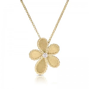 18K Yellow Gold Five Petal Flower Diamond Center Necklace