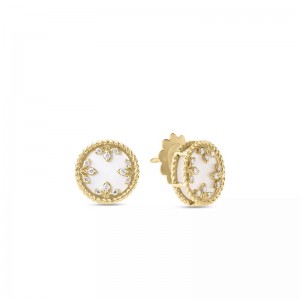 18K Mother Of Pearl And Diamond Medallion Stud Earrings