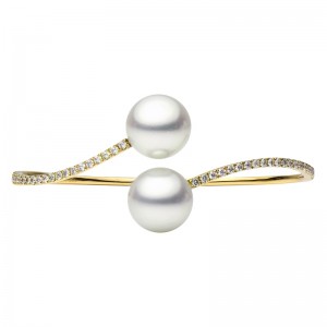 14K Yellow Gold Freshwater Pearls And Diamonds Bypass Bangle