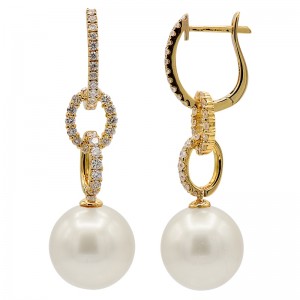 18K Yellow Gold South Sea Pearls And Diamonds Drop Huggie Earrings