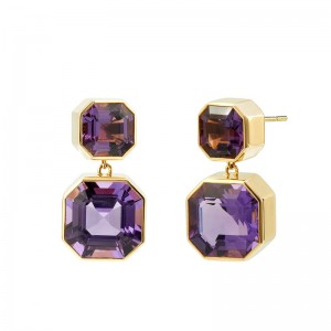 Syna 18K Yellow Gold Geometric Asscher Cut Bezel Set Double Drop Stud Earrings By Syna