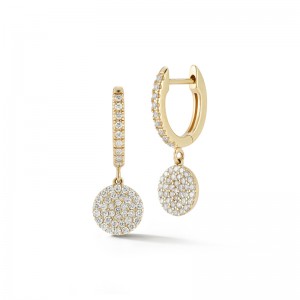 14K Yellow Gold Pave Huggies With Drop Pave Discs