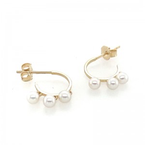 14K Yellow Gold Three Drop Pearl Post Huggie Earrings