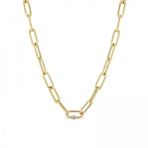 14K Yellow Gold Single Bezel Set Diamond Link Paper Clip Chain Necklace