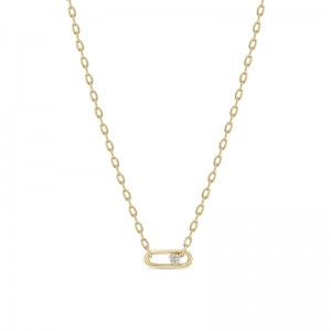 14K Yellow Gold Nested Diamond Paperclip Link Square Oval Chain Necklace