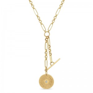 14K Yellow Gold Small Sunbeam Medallioin Paperclip And Rolo Chainn Lariat Necklace