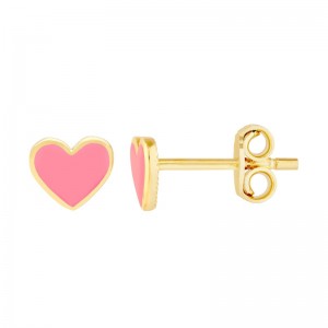 14k Pink Enamel Heart Stud Earrings