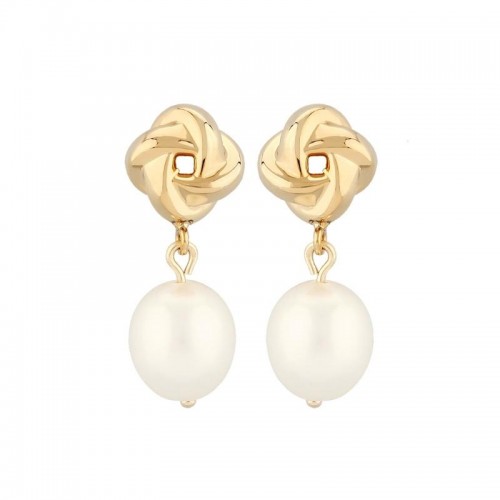14K Yellow Gold Love Knot Drop Freshwater Pearl Stud Earrings PD Collection By PD Collection