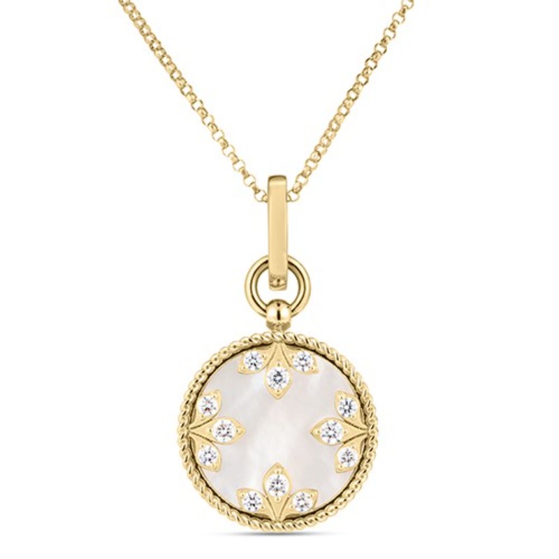 18K Yellow Gold Diamonds And Mother Of Pearl Venetian Princess Medallion Necklace