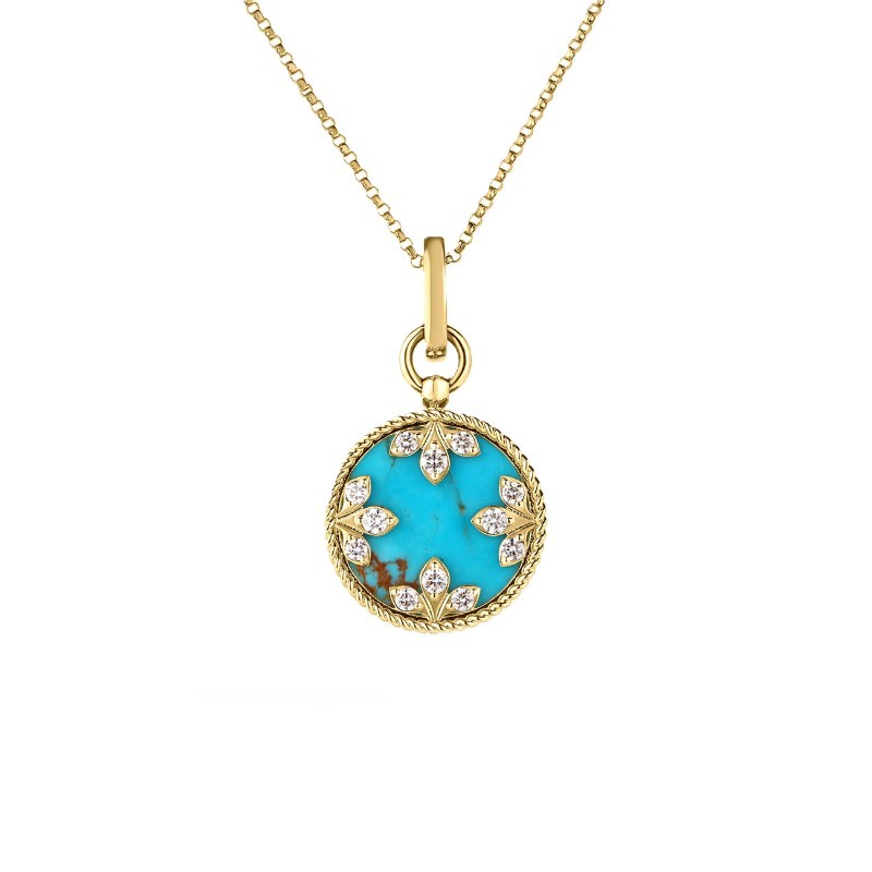 18K Yellow Gold Diamonds And Turquoise Venetian Princess Medallion Necklace