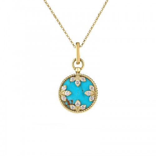 18K Yellow Gold Diamonds And Turquoise Venetian Princess Medallion Necklace