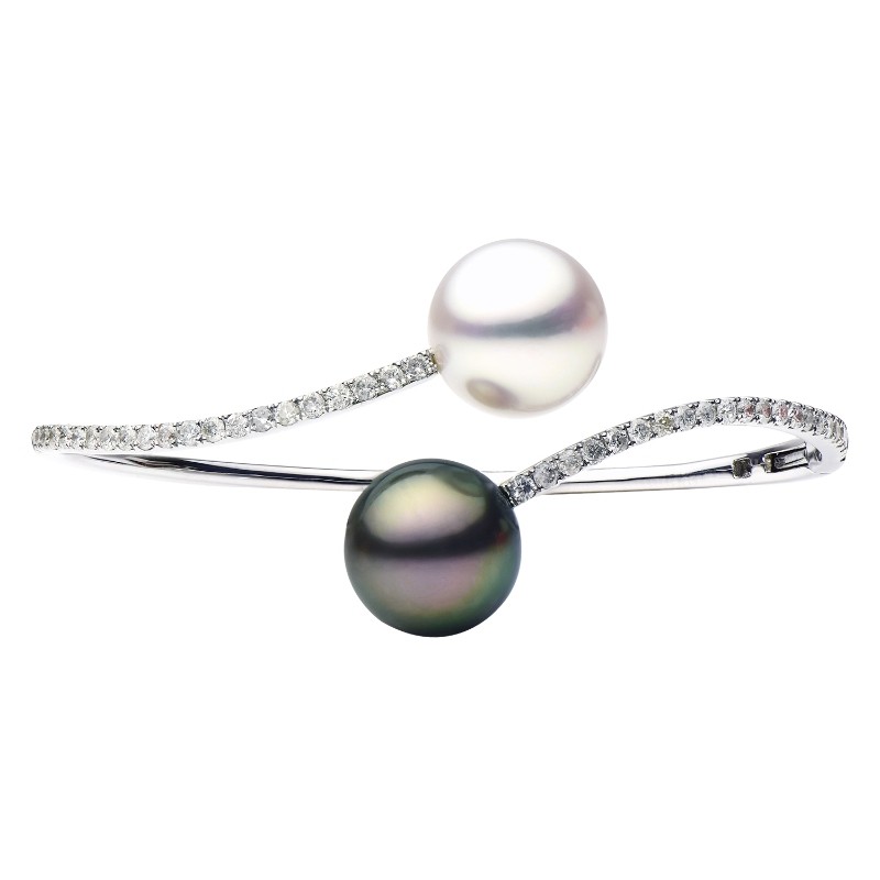 14K White Gold Freshwater And Tahitian Pearl and Diamonds Bypass Bangle