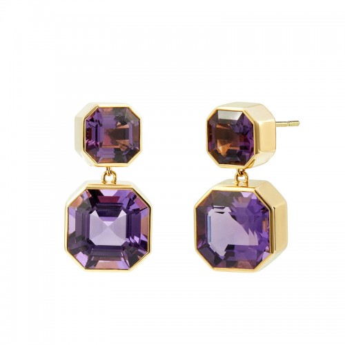 Syna 18K Yellow Gold Geometric Asscher Cut Bezel Set Double Drop Stud Earrings By Syna