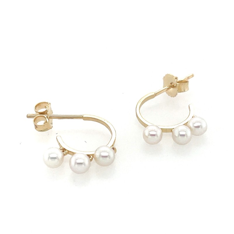 14K Yellow Gold Three Drop Pearl Post Huggie Earrings