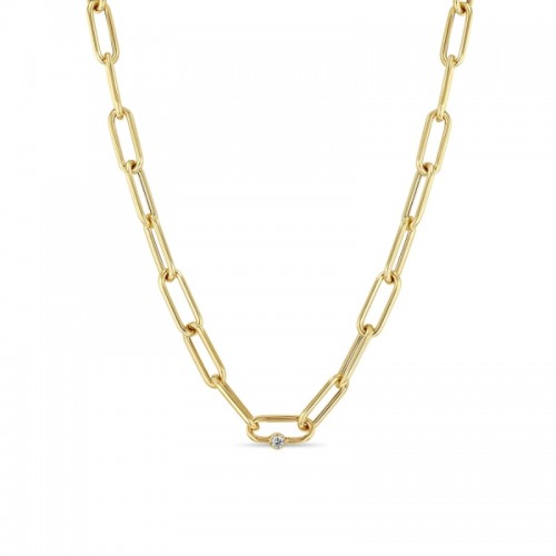 14K Yellow Gold Single Bezel Set Diamond Link Paper Clip Chain Necklace