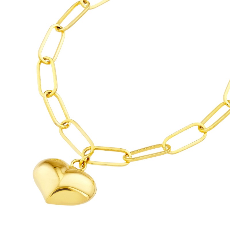 14k Puff Heart Paperclip Chain Bracelet