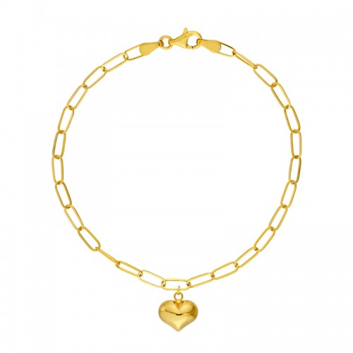 14k Puff Heart Paperclip Chain Bracelet