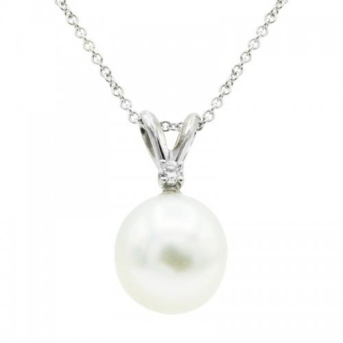 14K White Gold South Sea Pearl And Diamond Sliding Pendant Necklace