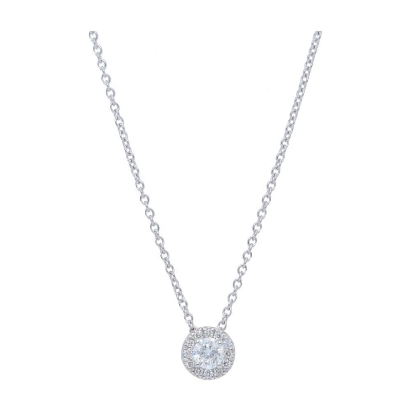 14K White Gold Pave Halo Diamond Pendant Necklace