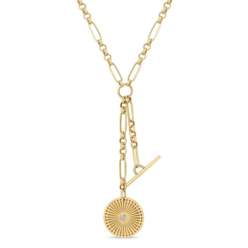 14K Yellow Gold Small Sunbeam Medallioin Paperclip And Rolo Chainn Lariat Necklace