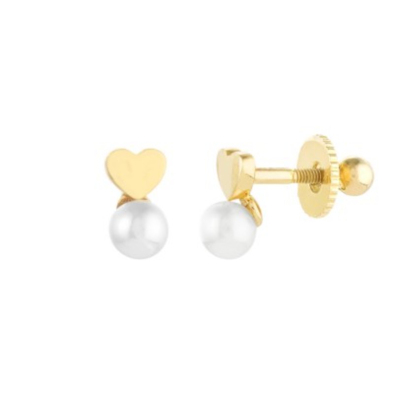 14k Pearl And Heart Screw Back Stud Earrings