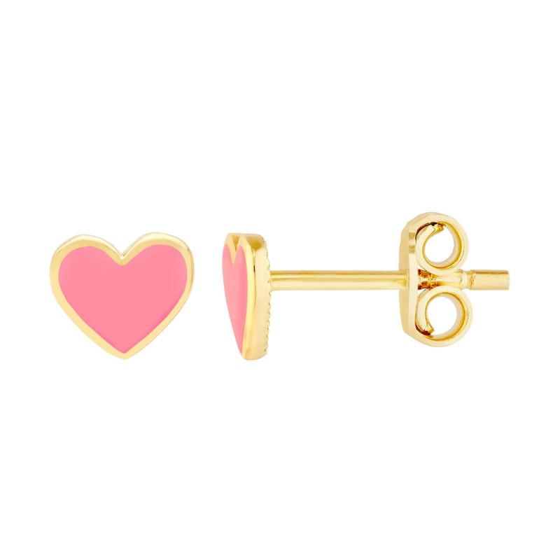 14k Pink Enamel Heart Stud Earrings