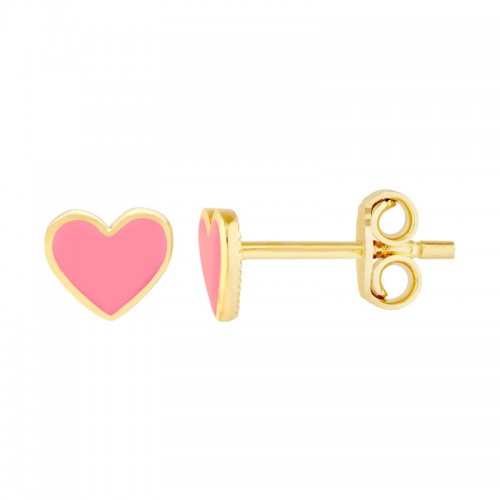 14k Pink Enamel Heart Stud Earrings