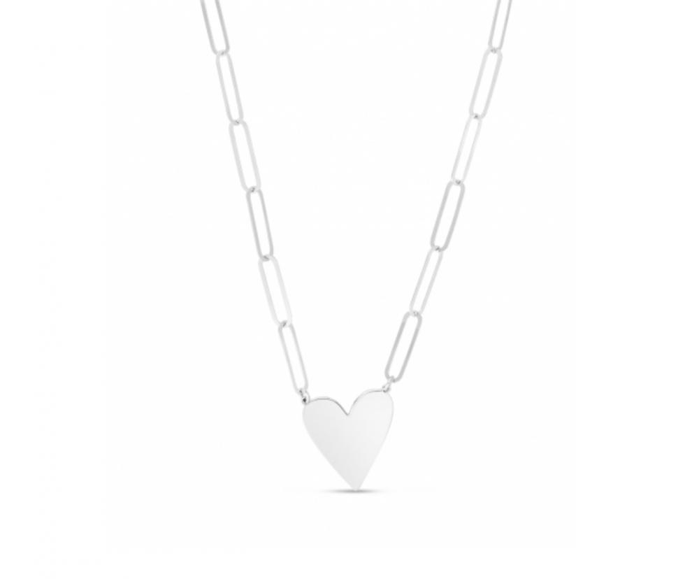 Sterling Silver Flat Heart Paperclip Necklace