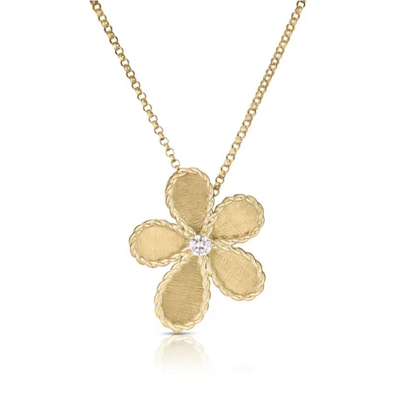 18K Yellow Gold Five Petal Flower Diamond Center Necklace