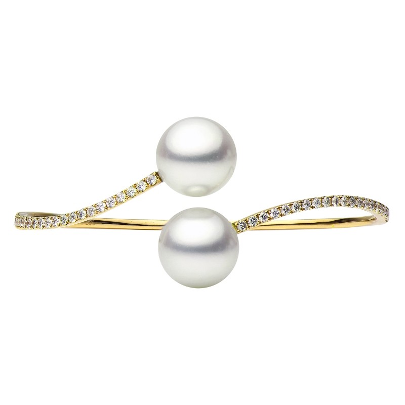 14K Yellow Gold Freshwater Pearls And Diamonds Bypass Bangle