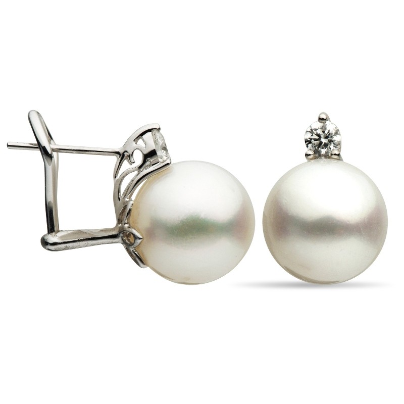 18K White Gold South Sea Pearls And Diamonds Omega Back Earrings