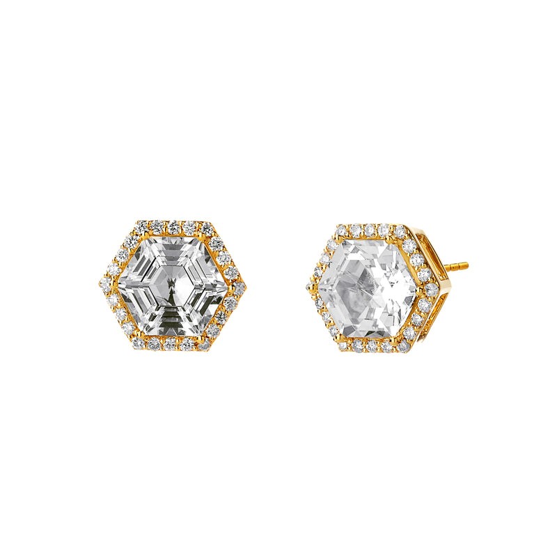 Syna 18K Yellow Gold Geometrix Hexagon Shape Halo Stud Earrings By Syna