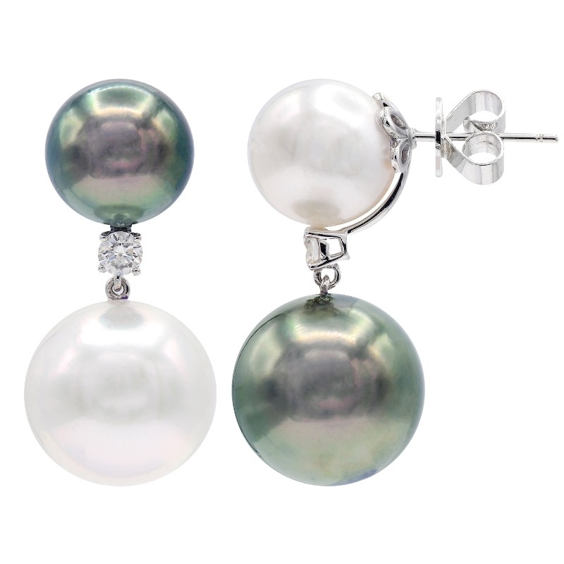 18K White Gold South Sea And Tahitian Pearls Drop Earrings