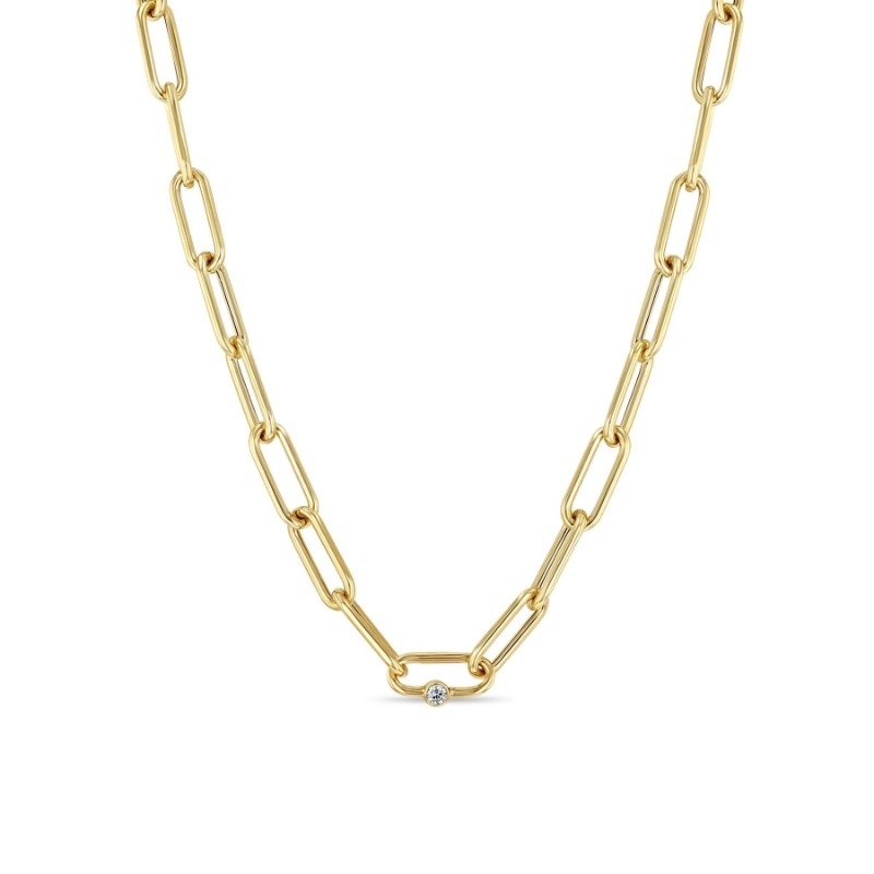 14K Yellow Gold Single Bezel Set Diamond Link Paper Clip Chain Necklace