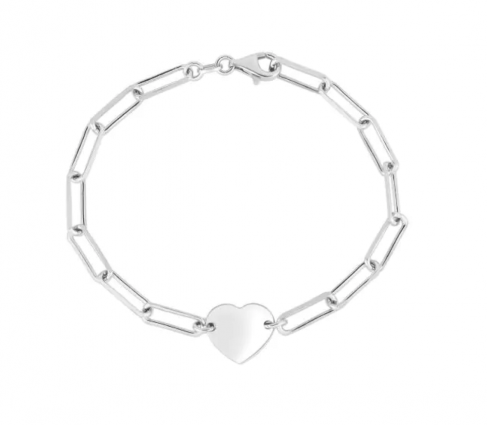 Sterling Silver Flat Heart Paperclip Chain Bracelet